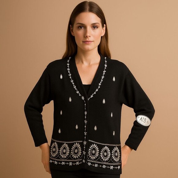 Vtg 1990s All Points Black Beaded Cardigan NWT, Silver Jeweled Ramie Cotton Knit - Picture 1 of 7